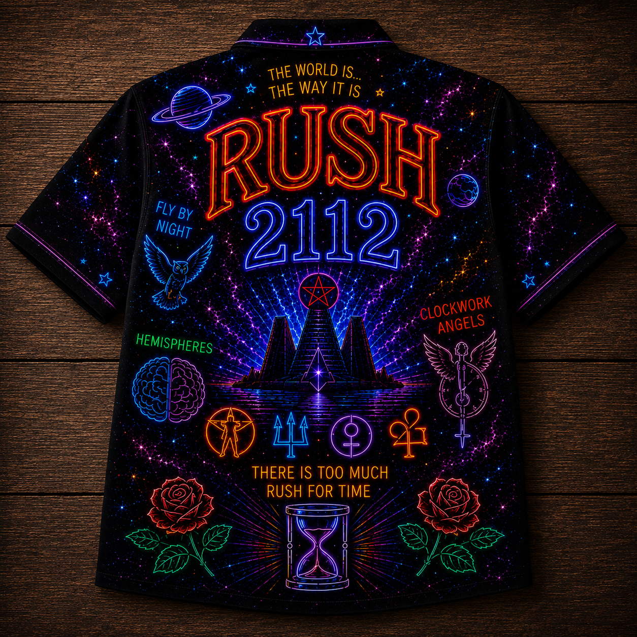 Rush Hawaiian Shirt - Unisex Neon Light Starman Moving Pictures Button Up