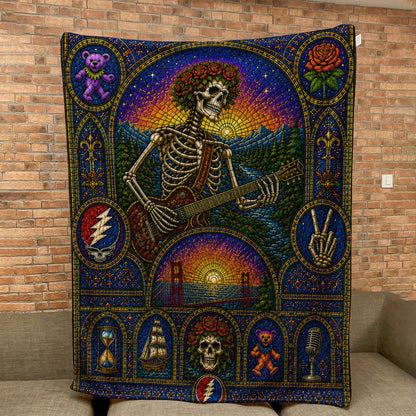 Grateful Dead Sherpa Blanket – Bertha Skeleton Guitarist Gothic Stained Glass Blanket