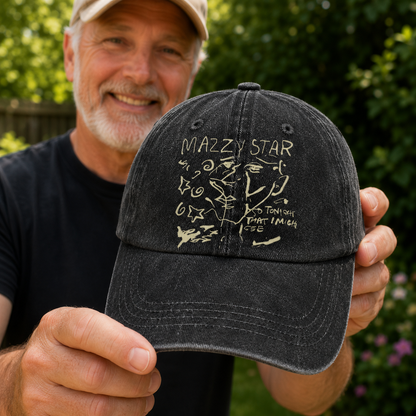 Mazzy Star Vintage Sketch Cap – Washed Black Denim Dad Hat, Dream Pop Band Aesthetic Hat Gift (With Box)