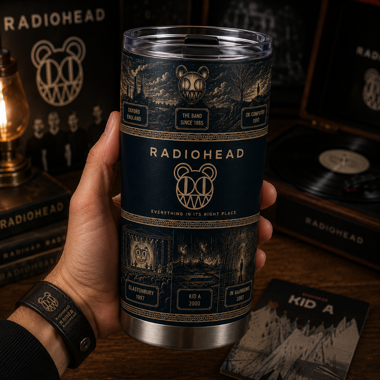 Radiohead 20oz Stainless Steel Tumbler – Vintage Indie Rock Travel Mug with Bear Logo