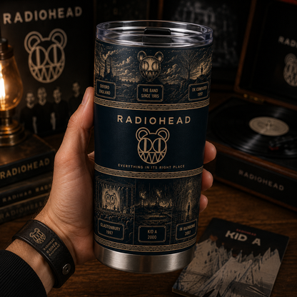Radiohead 20oz Stainless Steel Tumbler – Vintage Indie Rock Travel Mug with Bear Logo