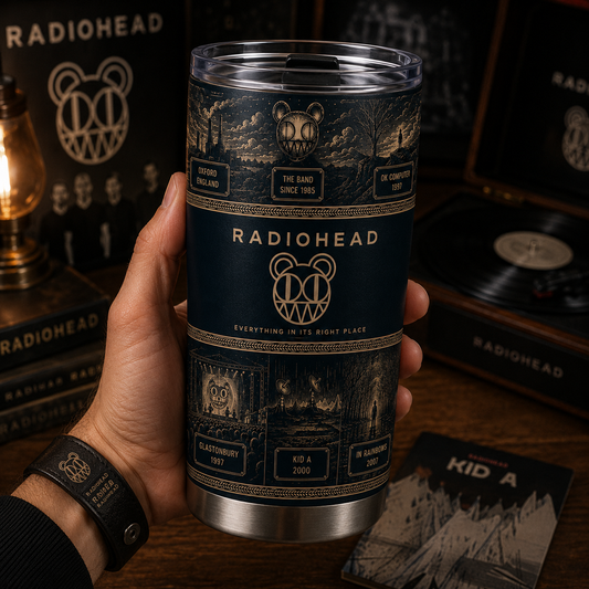 Radiohead 20oz Stainless Steel Tumbler – Vintage Indie Rock Travel Mug with Bear Logo