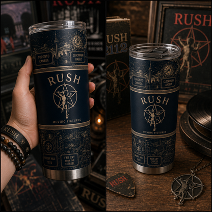 Rush 20oz Stainless Steel Tumbler – Vintage Progressive Rock Travel Mug with Starman Design