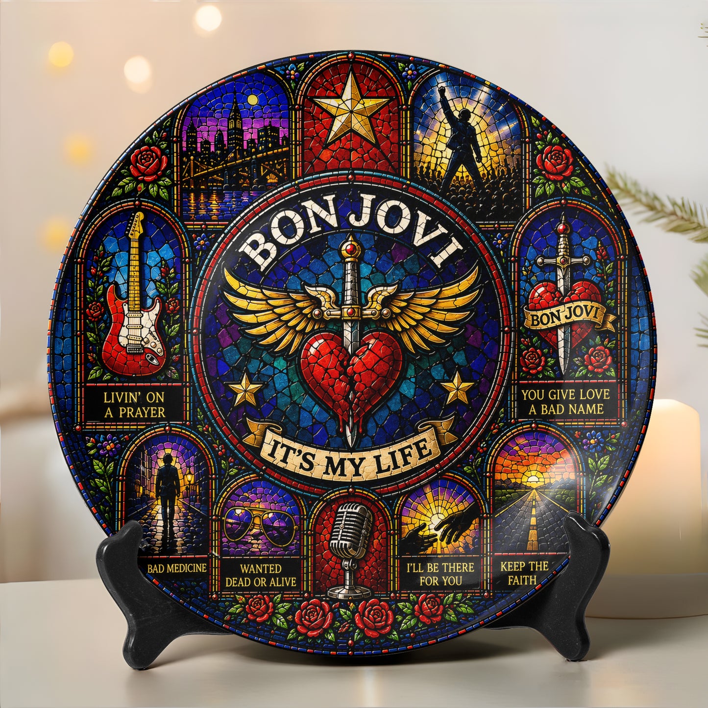Bon Jovi Decorative Ceramic Plate with Display Stand – Classic Rock Music Memorabilia Gift