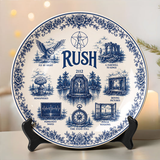 Rush Band Decorative Ceramic Plate with Stand – Blue & White Vintage Rock Art Gift