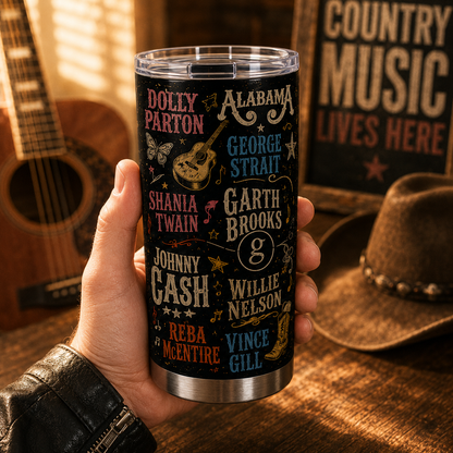 Country Music Legends 20oz Stainless Steel Tumbler – Vintage Country Stars Travel Mug