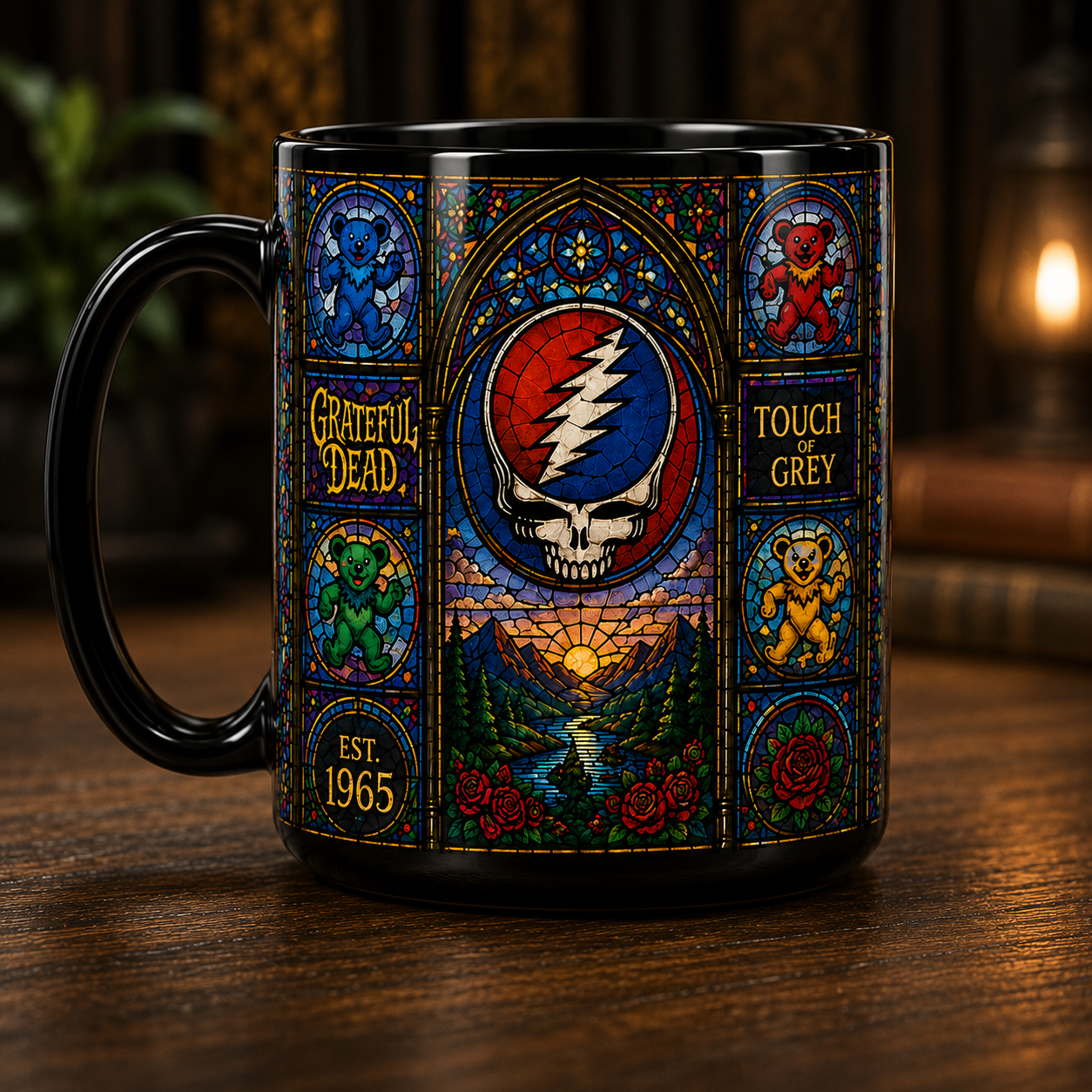 Grateful Dead Stained Glass Black Coffee Mug – 15oz Ceramic Mug for Deadheads