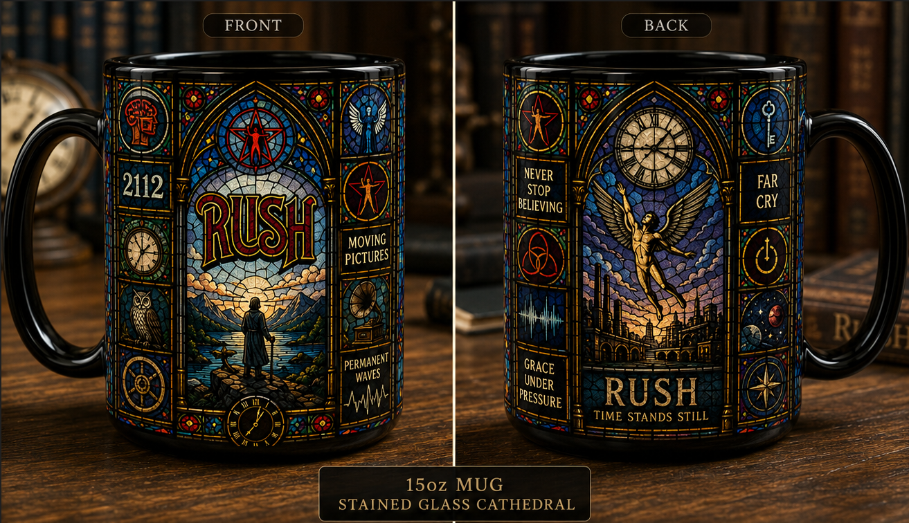 Rush Stained Glass Black Coffee Mug – 15oz Ceramic Mug for Progressive Rock Fans