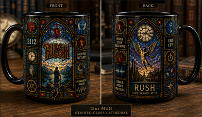 Rush Stained Glass Black Coffee Mug – 15oz Ceramic Mug for Progressive Rock Fans