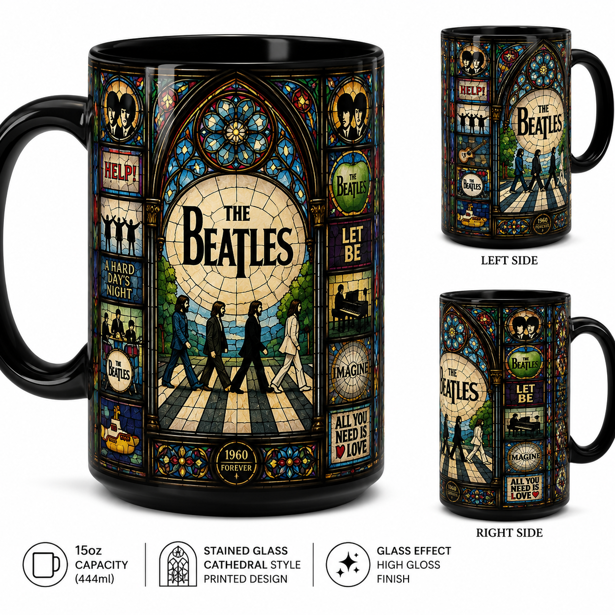 The Beatles Stained Glass Black Coffee Mug – 15oz Ceramic Mug for Classic Rock Fans