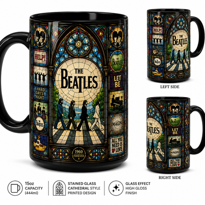 The Beatles Stained Glass Black Coffee Mug – 15oz Ceramic Mug for Classic Rock Fans