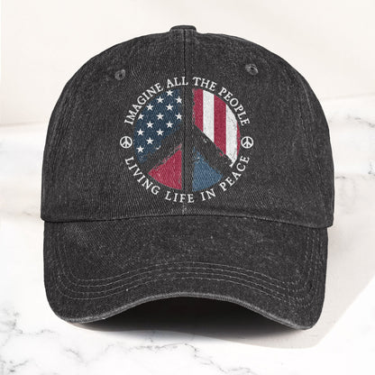 John Lennon Imagine All The People Living Life In Peace Sign American Flag Denim Cap – Retro Vintage Dad Cap Gift For Dad (With Box)