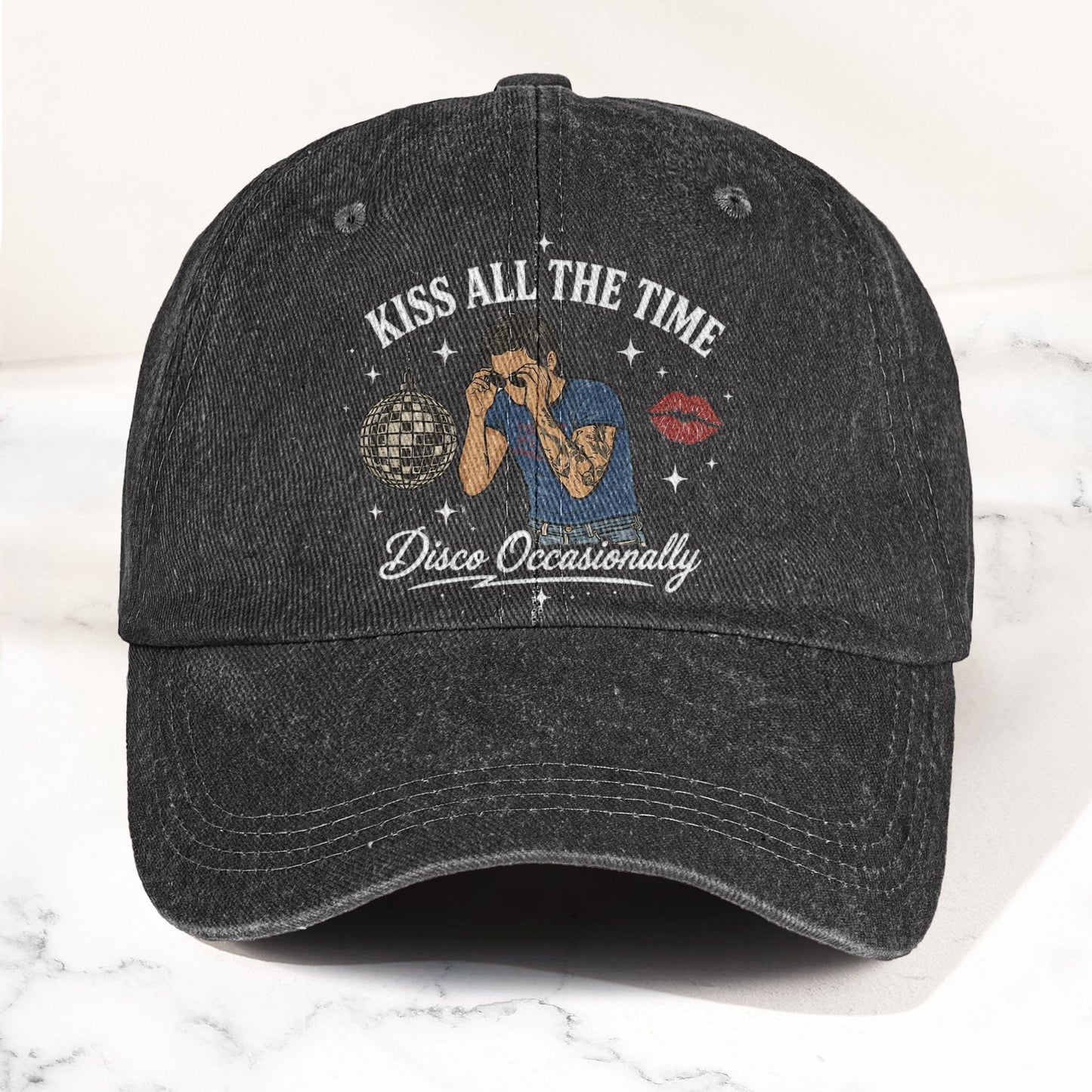 Kiss All The Time Disco Harry Styles Illustration Denim Cap – Retro Vintage Dad Cap Gift For Dad (With Box)