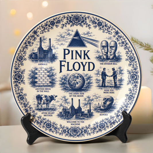 Pink Floyd Decorative Ceramic Plate with Stand – Blue & White Vintage Rock Art Gift