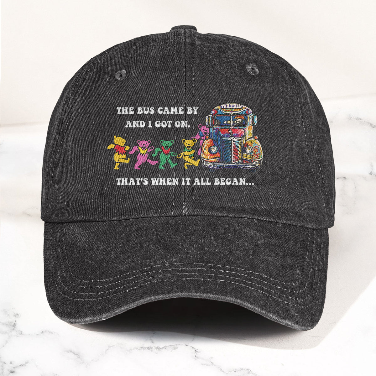 Grateful Dead Further Bus And Dancing Bears Denim Cap – Vintage Music Grateful Dead Merch Gift for Dad (With Box)