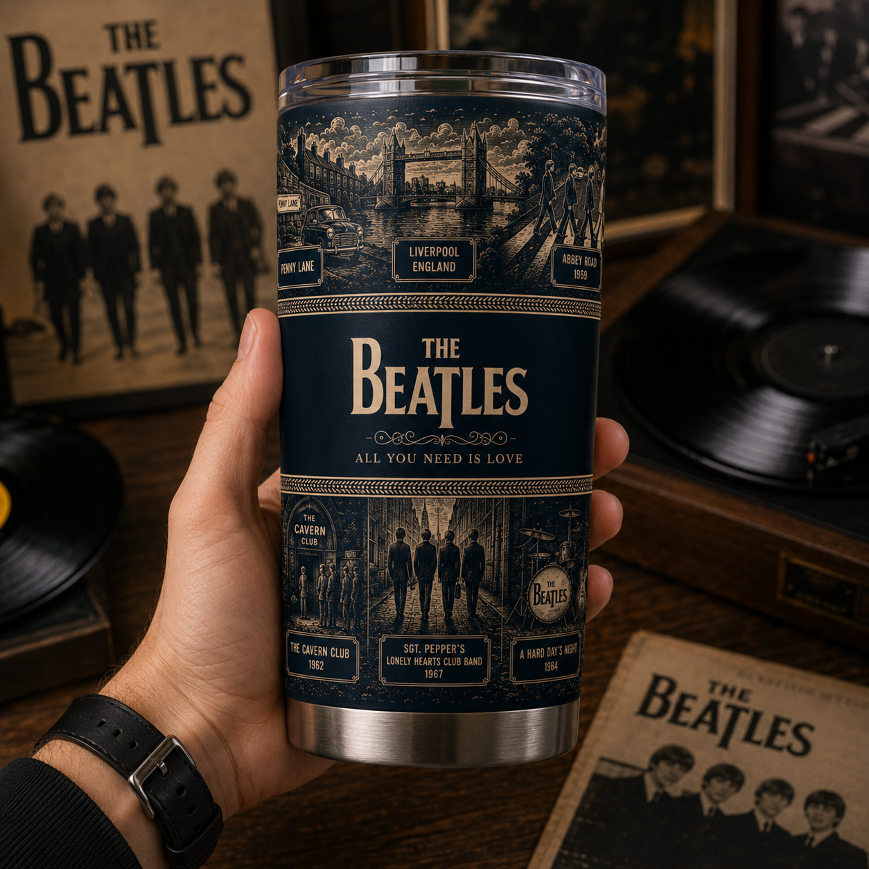 The Beatles 20oz Stainless Steel Tumbler – Vintage Abbey Road Travel Mug for Classic Rock Fans
