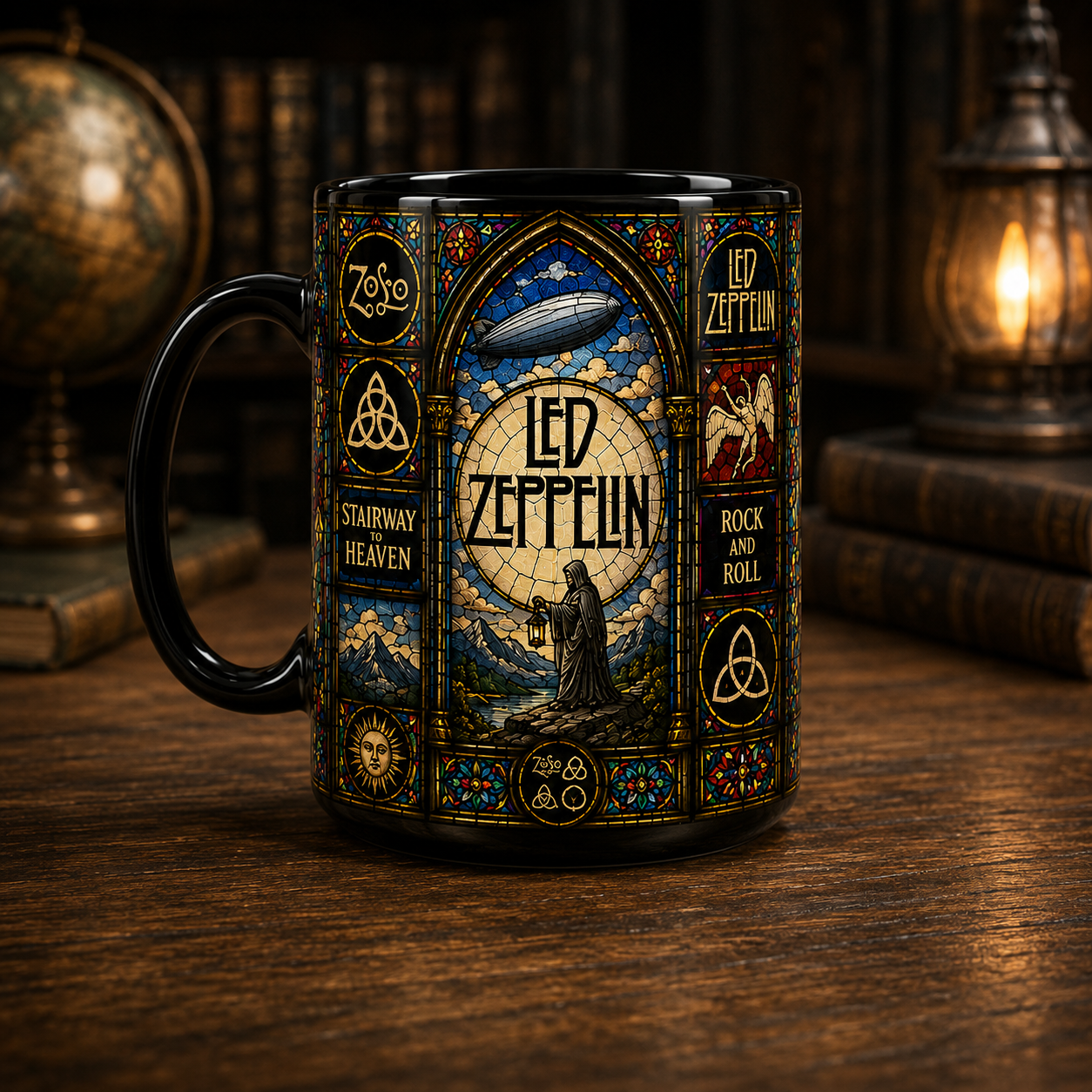 Led Zeppelin Stained Glass Black Coffee Mug – 15oz Ceramic Mug for Classic Rock Fans