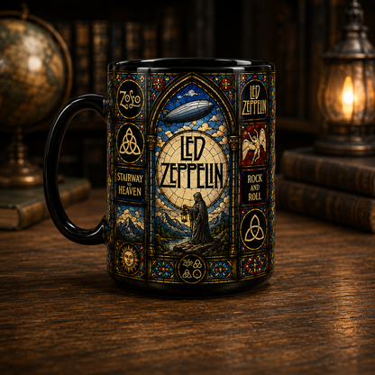 Led Zeppelin Stained Glass Black Coffee Mug – 15oz Ceramic Mug for Classic Rock Fans