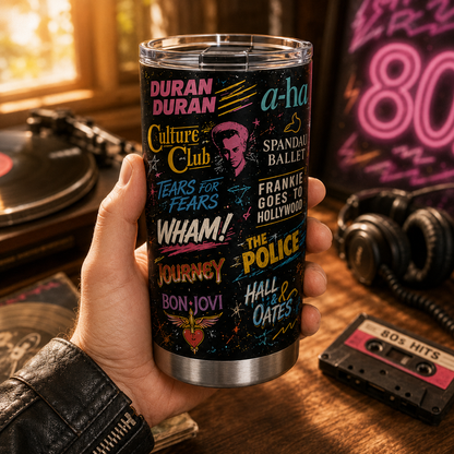 80s New Wave & Pop Legends 20oz Stainless Steel Tumbler – Retro Music Band Travel Mug