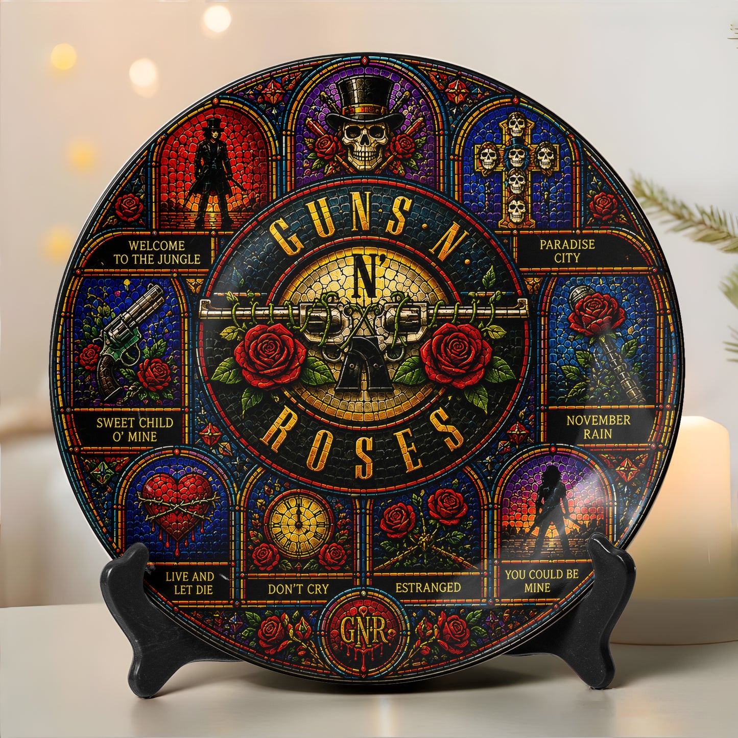Guns N' Roses Decorative Ceramic Plate with Stand – Stained Glass Rock Art Gift
