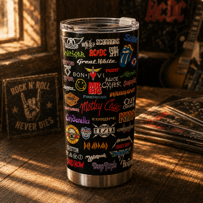 Classic Rock Legends 20oz Tumbler – Vintage Band Logo Stainless Steel Travel Mug