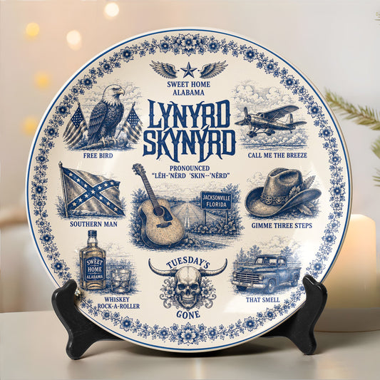 Lynyrd Skynyrd Decorative Ceramic Plate with Stand – Blue & White Southern Rock Art Gift