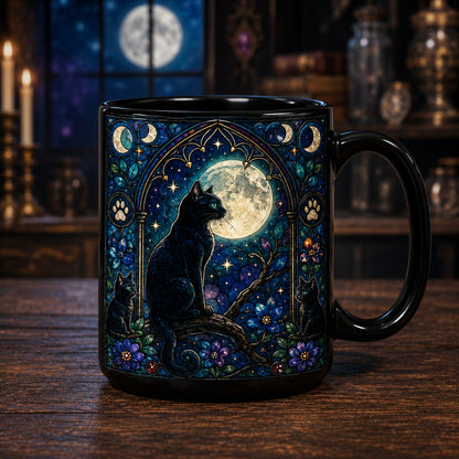 Black Cat Stained Glass Mug, Gothic Cat Coffee Mug, Moonlit Cat Ceramic Mug, Witchy Cat Cup