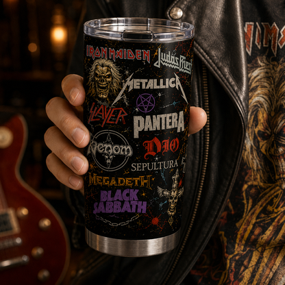 Heavy Metal Legends 20oz Stainless Steel Tumbler – Vintage Metal Band Logo Travel Mug