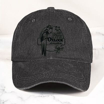 It’s Five O’Clock Somewhere Denim Dad Cap – Tropical Parrot Island Vibes Hat (With BOX)