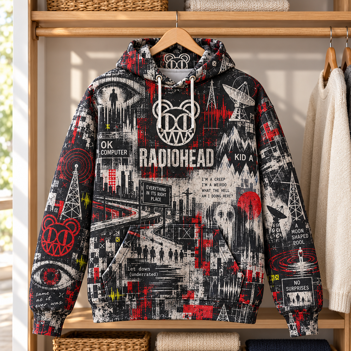 Radiohead OK Computer Hoodie – Kid A Alternative Rock Graphic Pullover, Vintage Grunge Music Fan Gift
