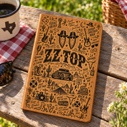 ZZ Top Vintage Leather Journal – Texas Blues Classic Rock Music Notebook & Diary