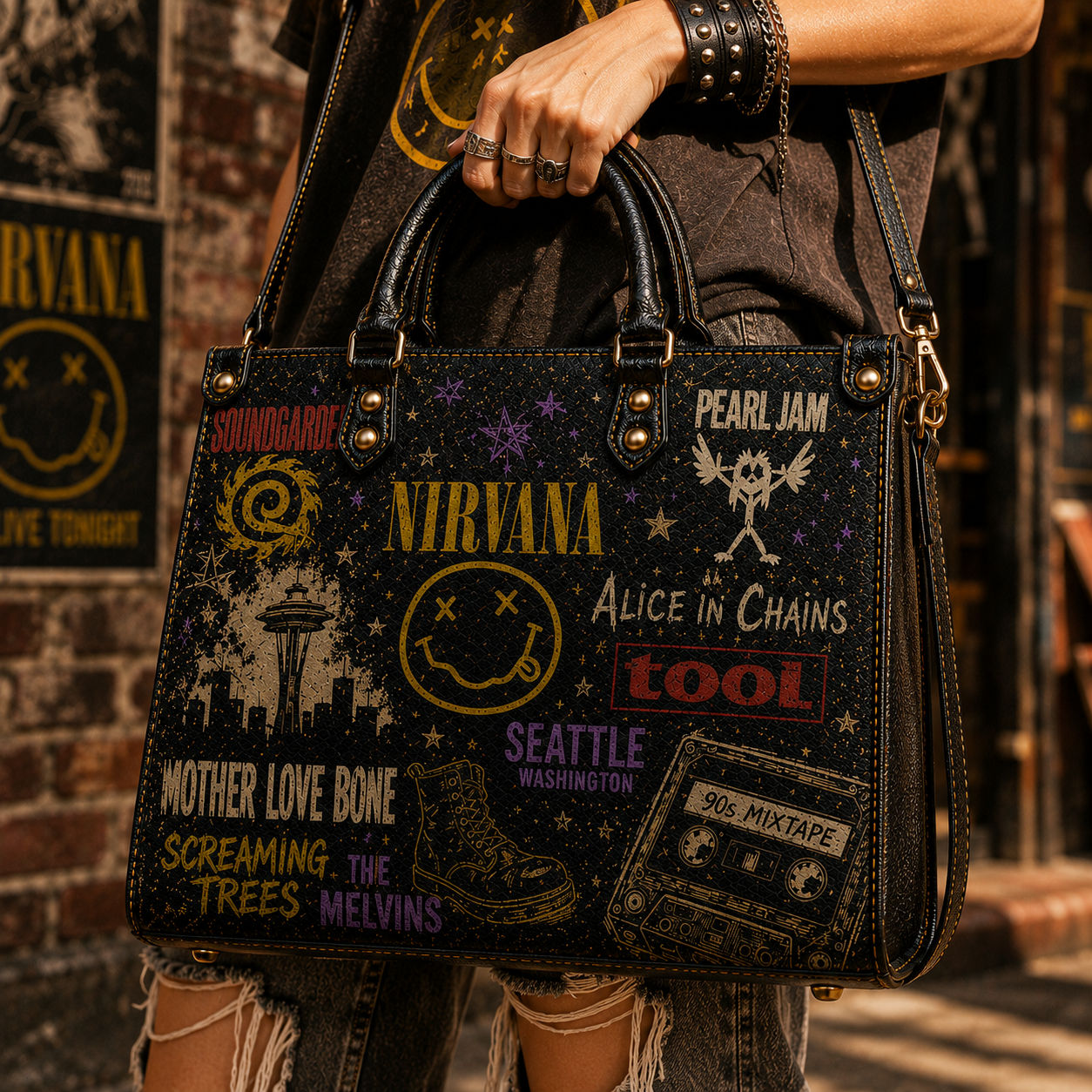 90s Grunge Rock Faux Leather Handbag – Vintage Seattle Sound Music Lover Tote Bag