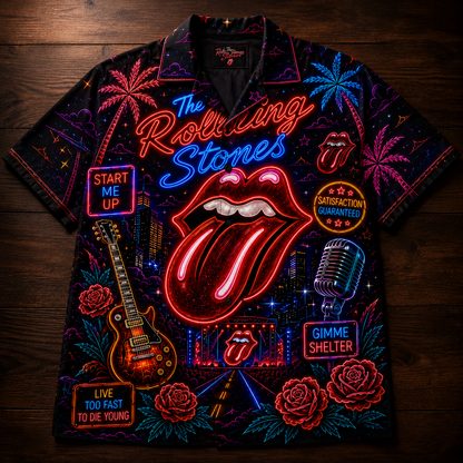 The Rolling Stones Hawaiian Shirt - Unisex Front Back Neon Light Tongue Logo Button Up