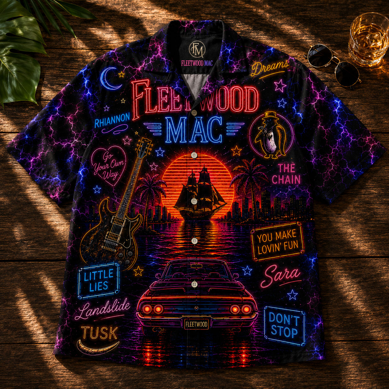 Fleetwood Mac Hawaiian Shirt - Unisex Vintage Winged FM Logo Neon Light Button Up