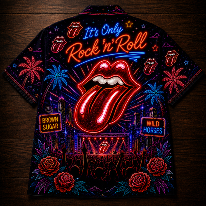 The Rolling Stones Hawaiian Shirt - Unisex Front Back Neon Light Tongue Logo Button Up