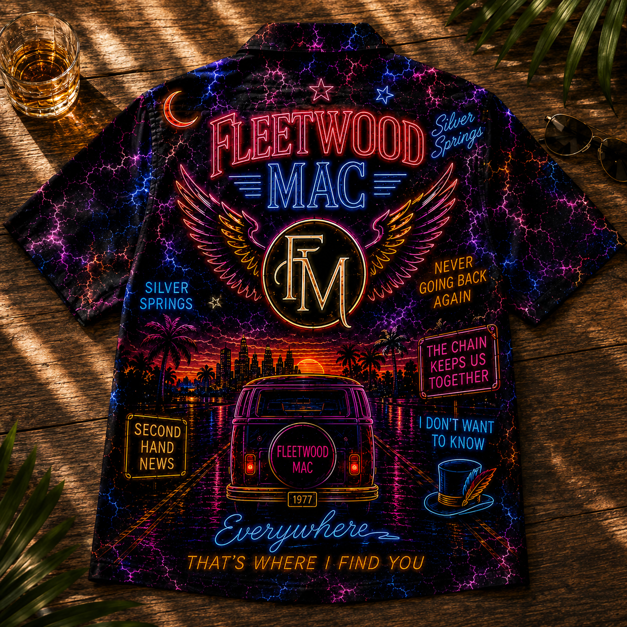 Fleetwood Mac Hawaiian Shirt - Unisex Vintage Winged FM Logo Neon Light Button Up