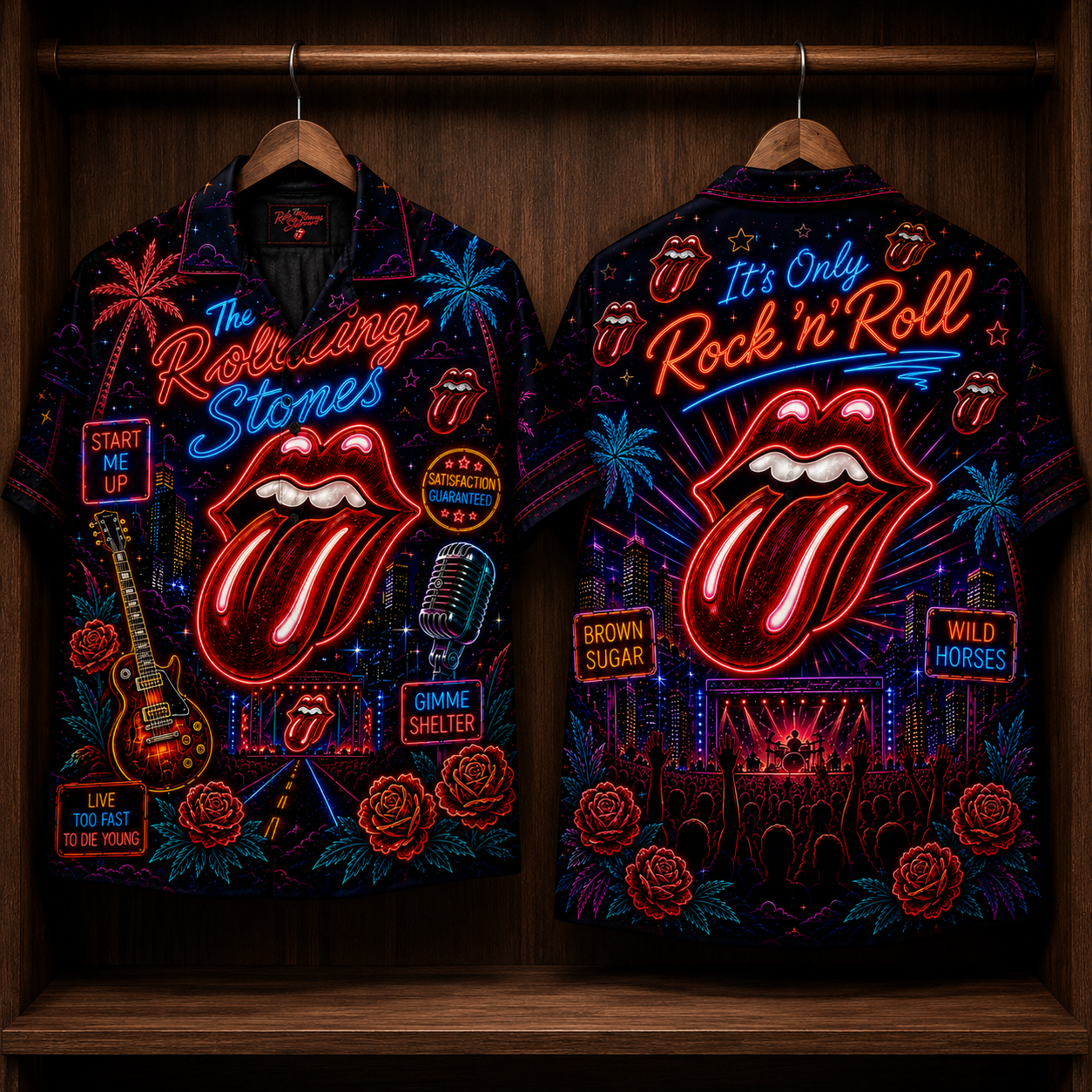 The Rolling Stones Hawaiian Shirt - Unisex Front Back Neon Light Tongue Logo Button Up