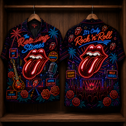 The Rolling Stones Hawaiian Shirt - Unisex Front Back Neon Light Tongue Logo Button Up