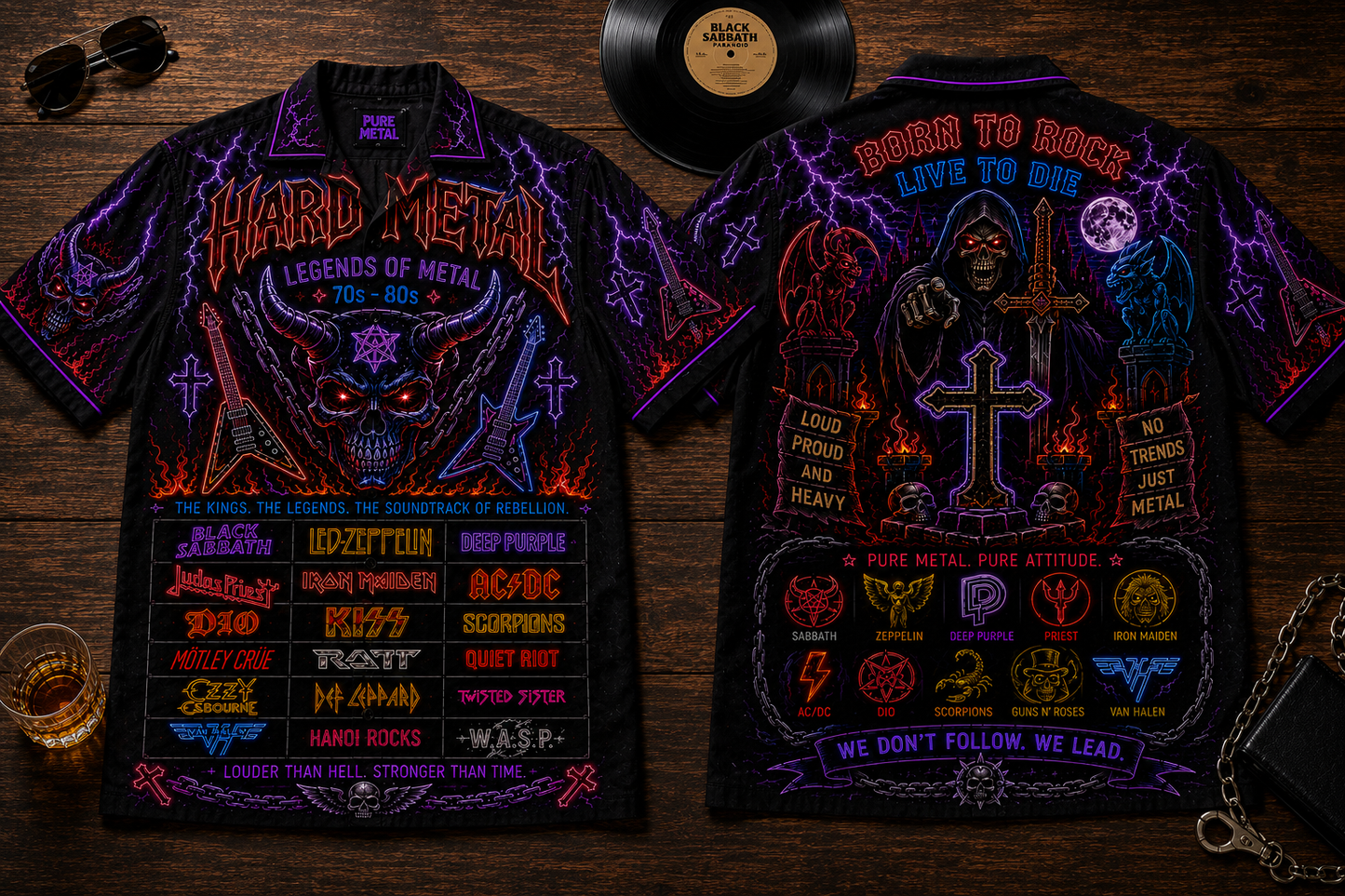 Hard Metal Legends Hawaiian Shirt - Unisex Hard Rock Neon Light Button Up