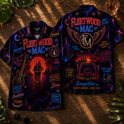 Fleetwood Mac Hawaiian Shirt - Unisex Vintage Winged FM Logo Neon Light Button Up