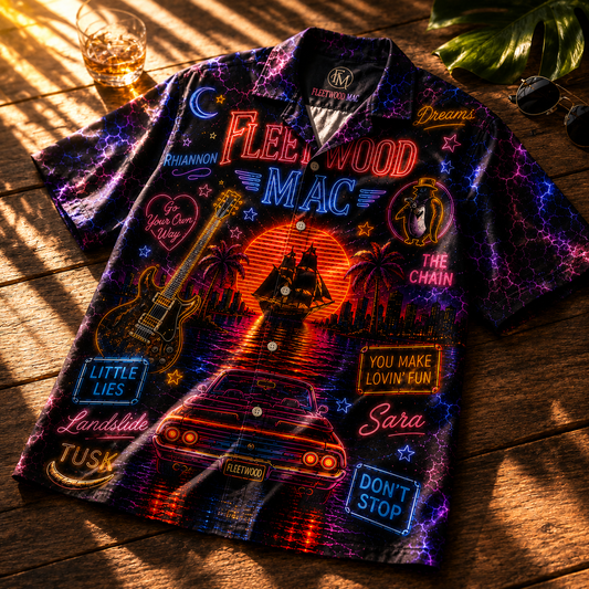 Fleetwood Mac Hawaiian Shirt - Unisex Vintage Winged FM Logo Neon Light Button Up