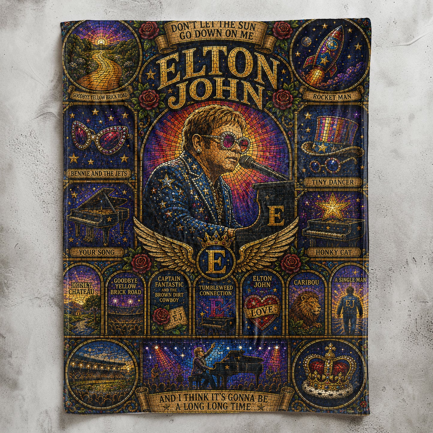 Elton John Sherpa Blanket – Rocket Man Stained Glass Glam Rock Piano Throw Blanket