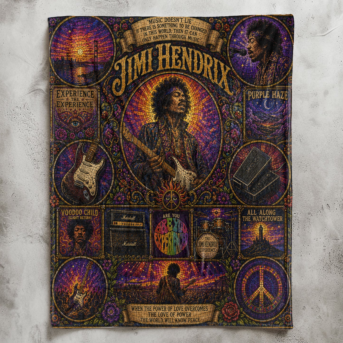 Jimi Hendrix Sherpa Blanket – Purple Haze Stained Glass Psychedelic Rock Blanket