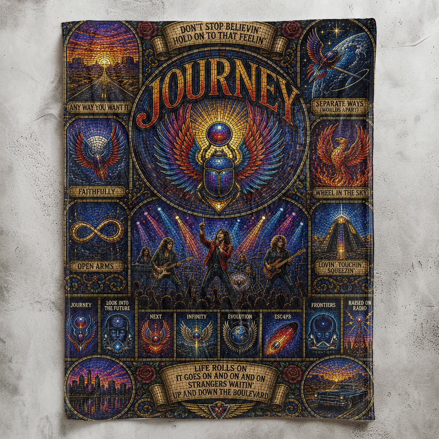 Journey Band Sherpa Blanket – Don't Stop Believin' Stained Glass Blanket