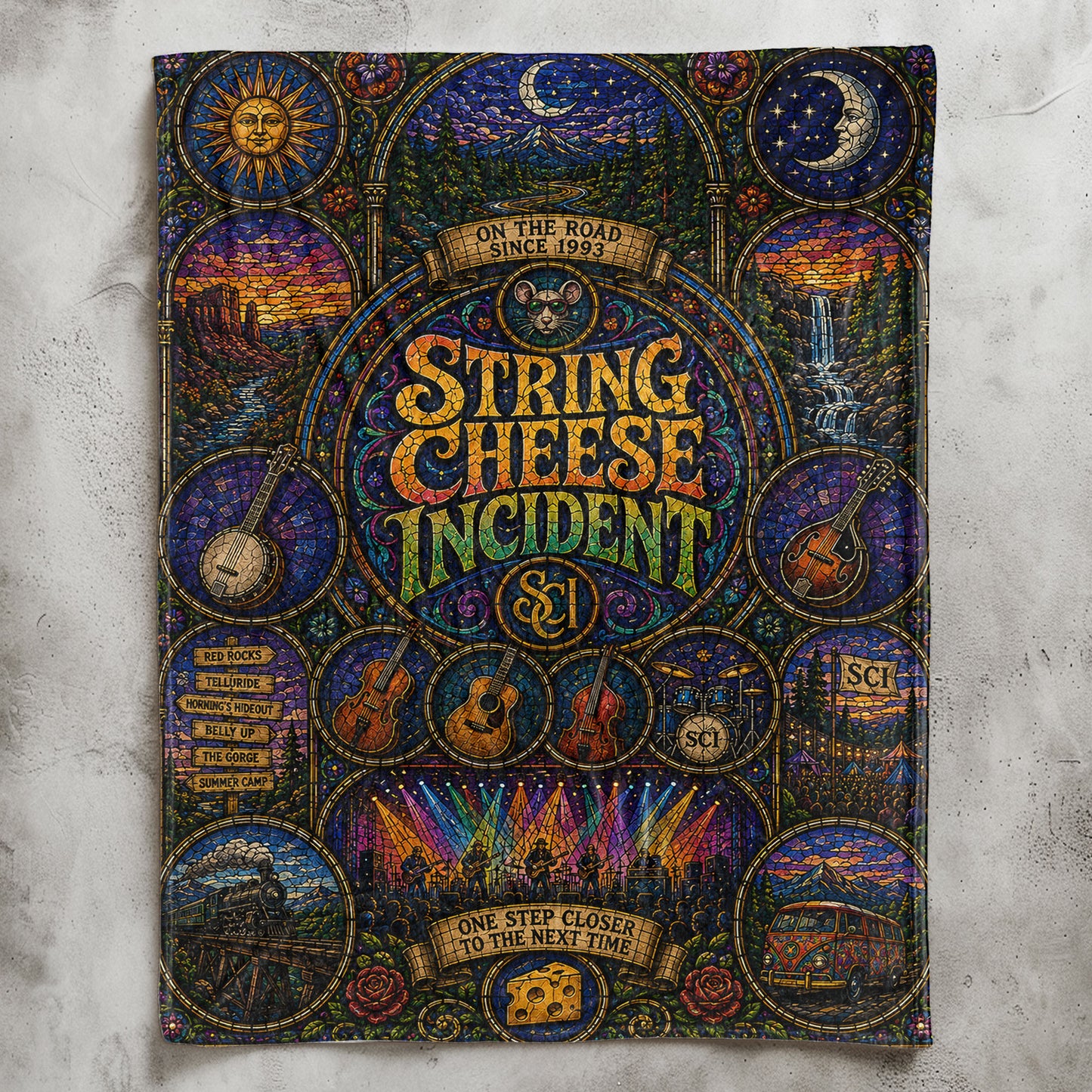 The String Cheese Incident Sherpa Blanket – On The Road Stained Glass Blanket