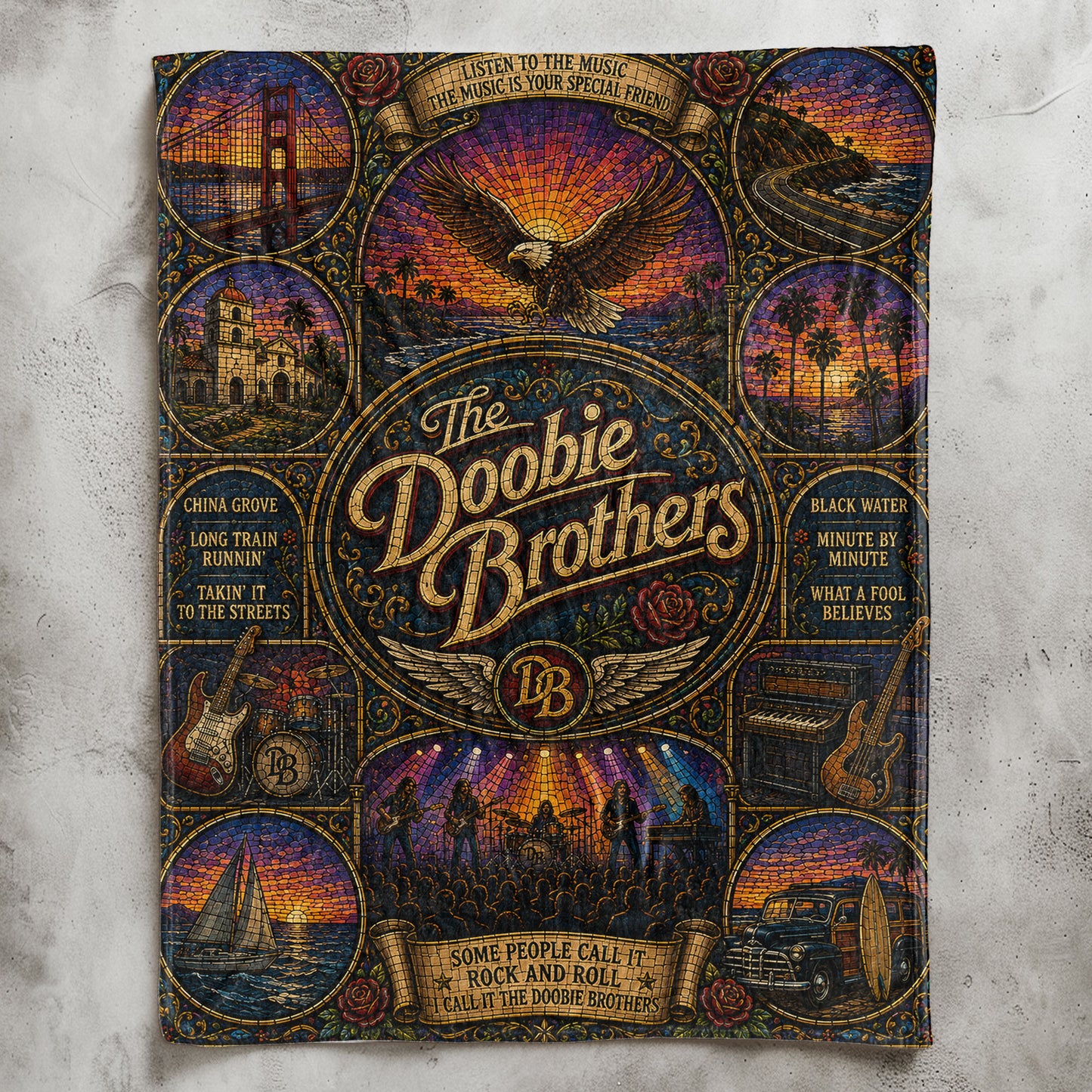 The Doobie Brothers Sherpa Blanket – Listen To The Music Stained Glass Blanket