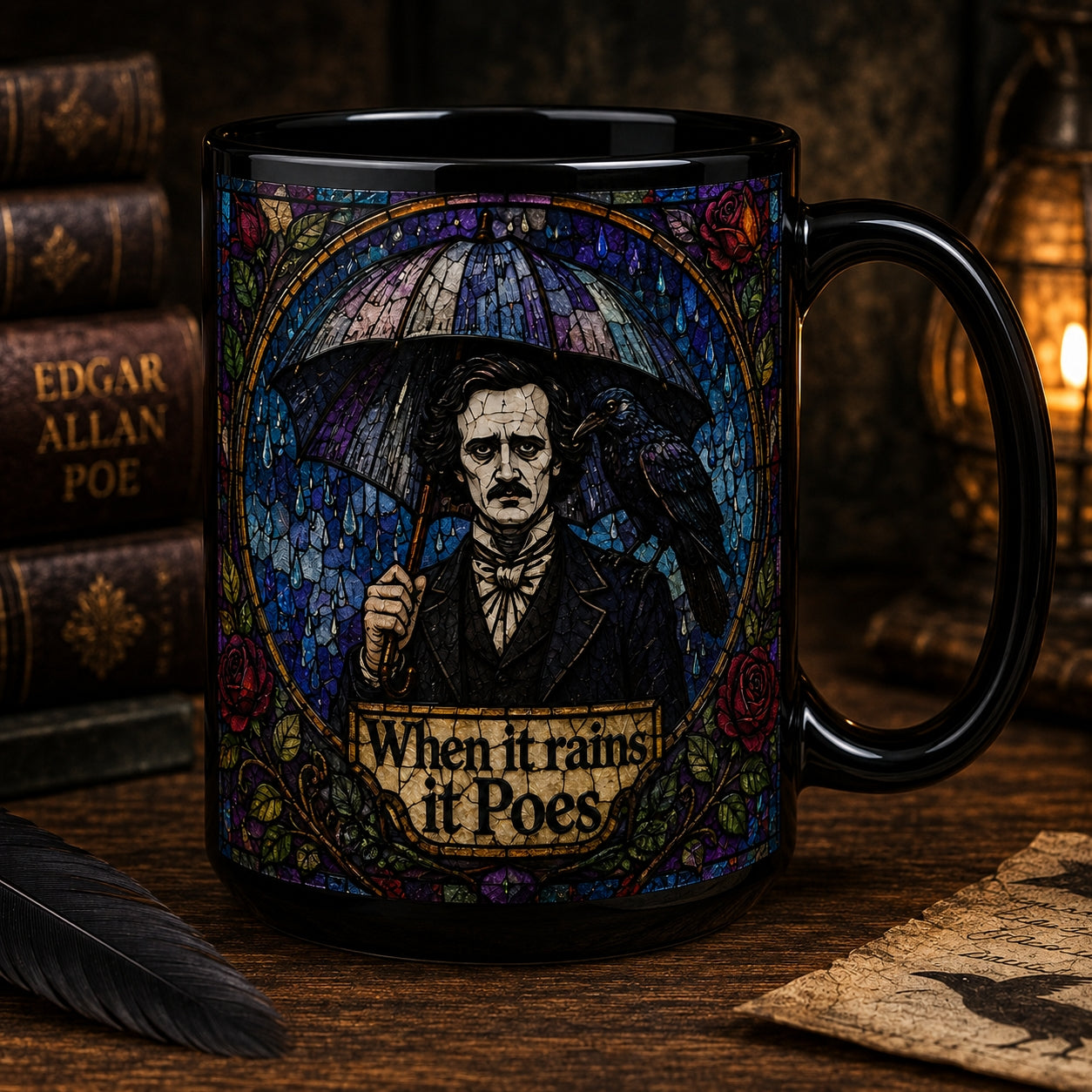 Edgar Allan Poe Ceramic Mug – Funny Stained Glass When It Rains It Poes Fan Gift