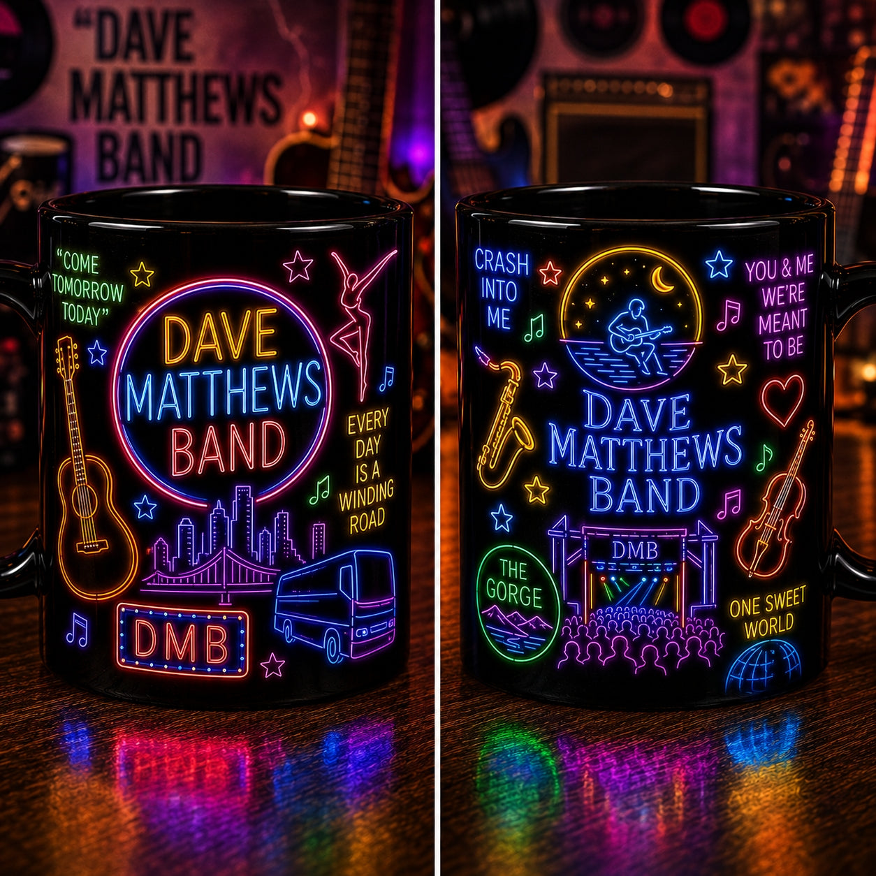 Dave Matthews Band Ceramic Mug – Retro Neon Light The Gorge DMB Fan Gift