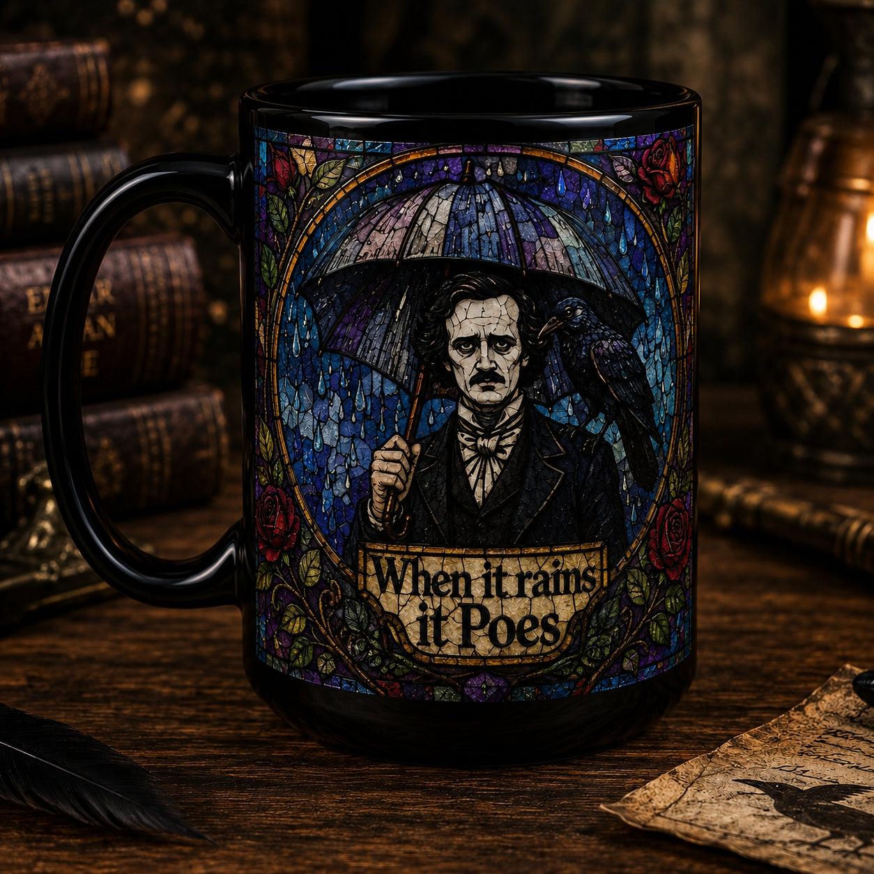 Edgar Allan Poe Ceramic Mug – Funny Stained Glass When It Rains It Poes Fan Gift