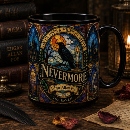Edgar Allan Poe Raven Mug – Stained Glass Nevermore Gothic Ceramic Coffee Cup